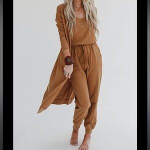 Three Bird Nest SET TO GO Jumpsuit and Duster Cardigan Set  XL Camel Brown